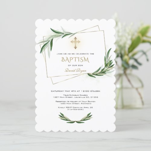 Elegant Olive Greenery Gold Cross Baptism Invitation