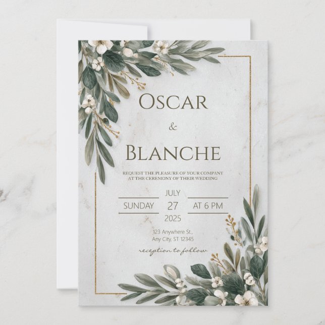 Elegant Olive Greenery Gold Frame Marble Wedding Invitation (Front)