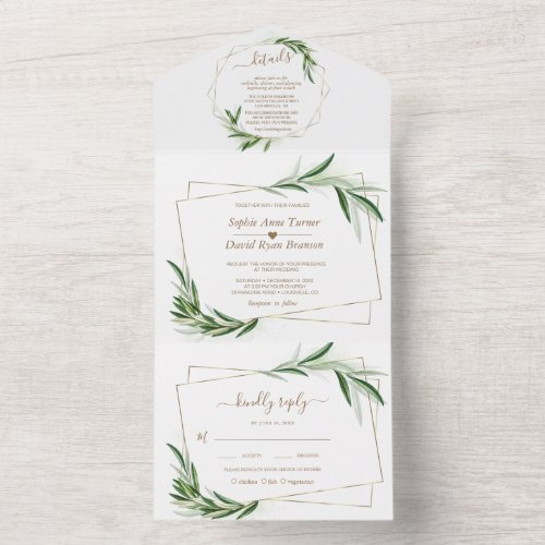 Elegant Olive Greenery Gold Wedding  All In One Invitation