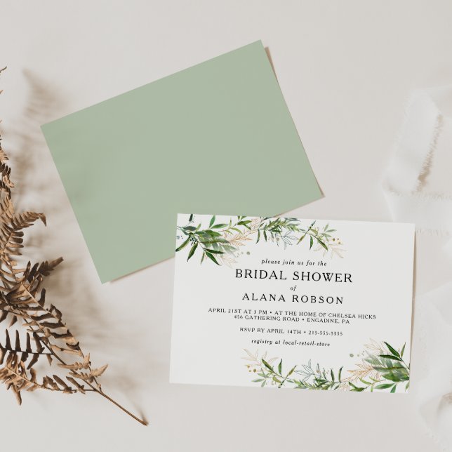 Elegant Olive Greenery Horizontal Bridal Shower In Invitation