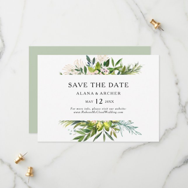 Elegant Olive Greenery Horizontal Save the Date (Front/Back In Situ)