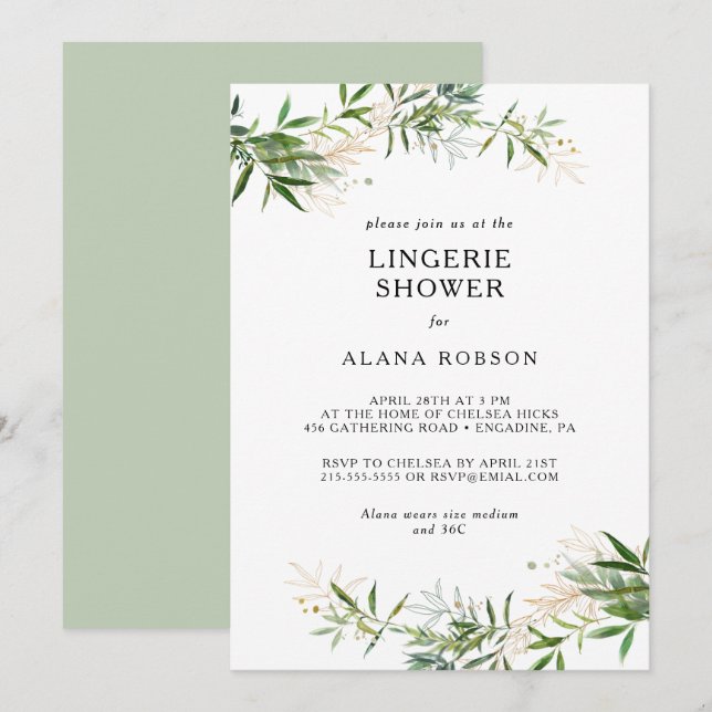 Elegant Olive Greenery Lingerie Shower Invitation (Front/Back)