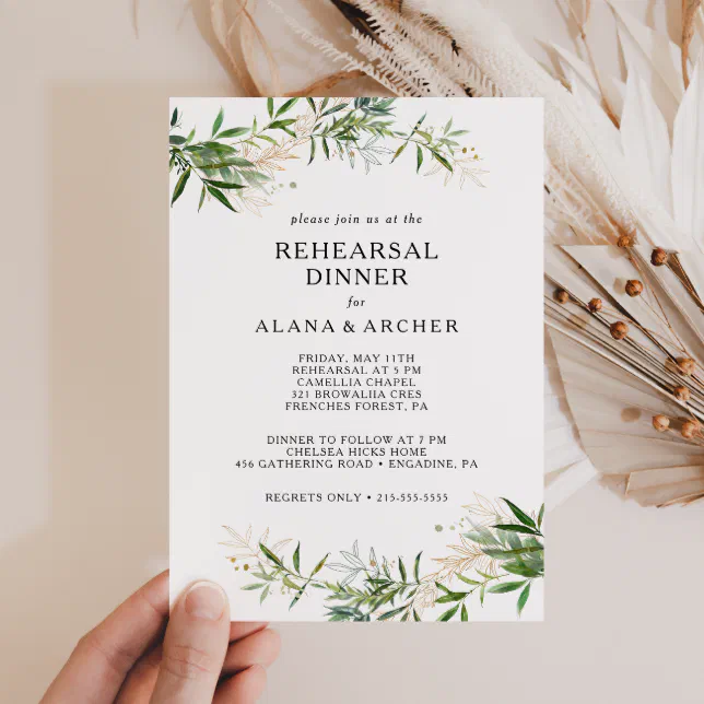 Elegant Olive Greenery Rehearsal Dinner Invitation 