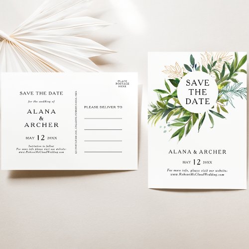 Elegant Olive Greenery Save The Date Postcard