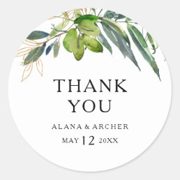 Elegant Olive Greenery Thank You Wedding Favor Classic Round Sticker