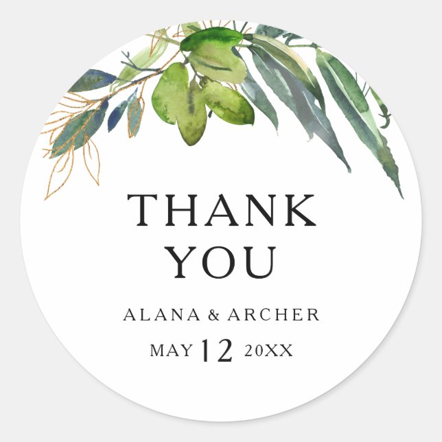 Elegant Olive Greenery Thank You Wedding Favor Classic Round Sticker (Front)