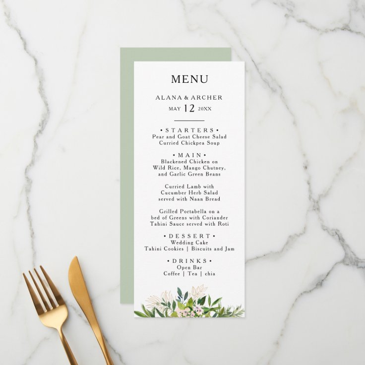 Elegant Olive Greenery Wedding Dinner Menu | Zazzle