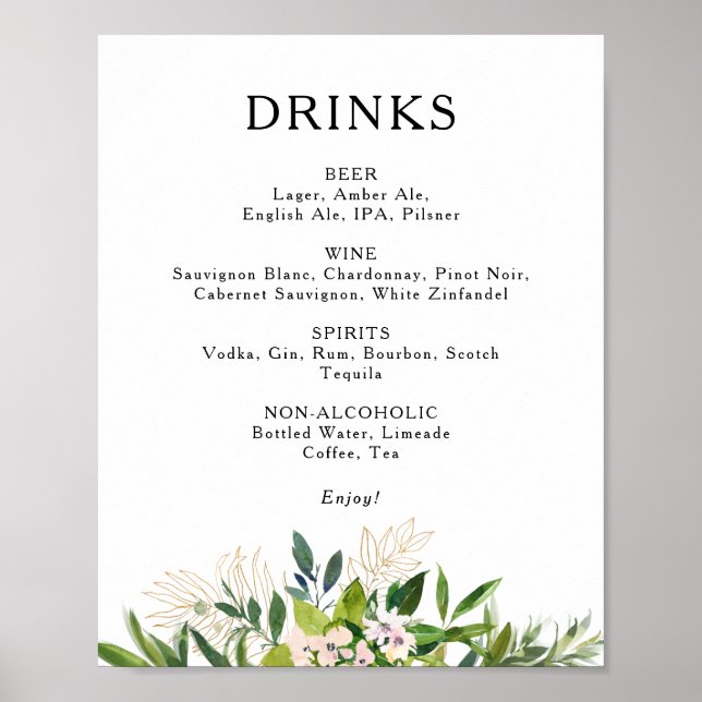 Elegant Olive Greenery Wedding Drinks Menu Sign (Front)