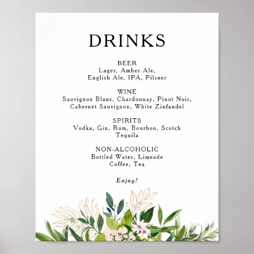 Elegant Olive Greenery Wedding Drinks Menu Sign
