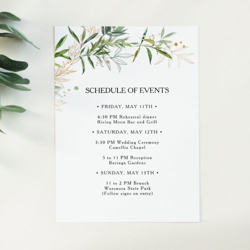 Elegant Olive Greenery Wedding Schedule of Events Enclosure Card