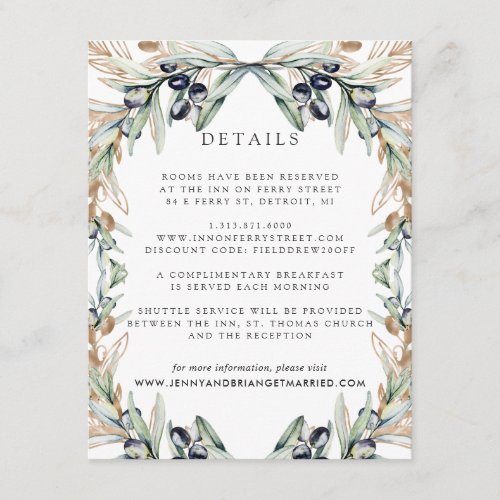 Elegant Olive Grove Boho Wedding Guest Details Enclosure Card
