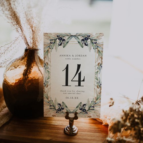 Elegant Olive Grove Greenery Table Number