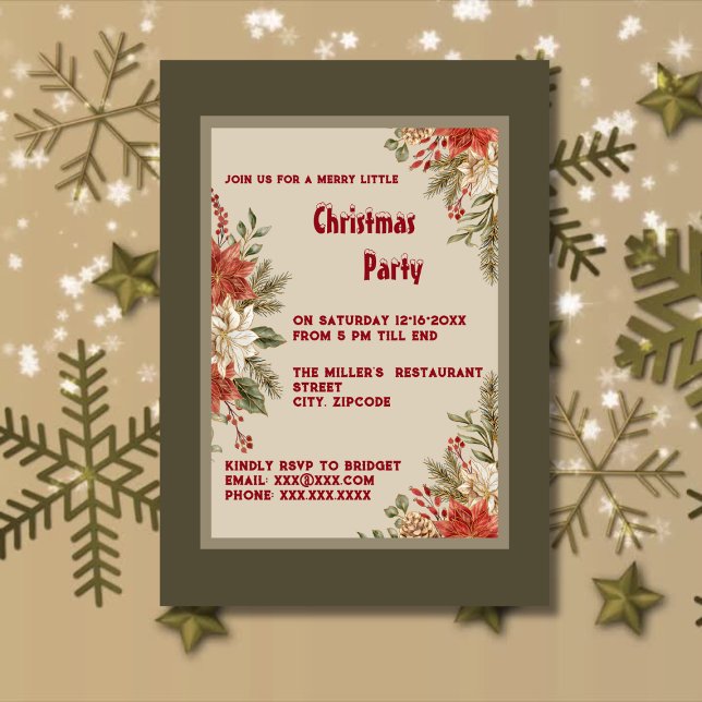 Elegant olive ivory Poinsettia Christmas Party  Invitation (Creator Uploaded)