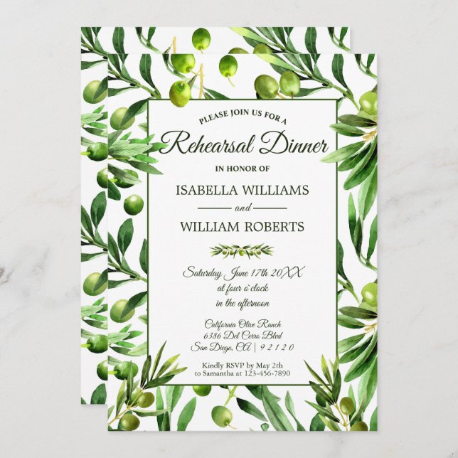 Elegant Olive Leaf Boho Garden Rehearsal Dinner Invitation (Front/Back)