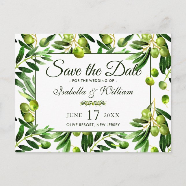 Elegant Olive Leaf Boho Garden Save the Date Announcement Postcard (Front)