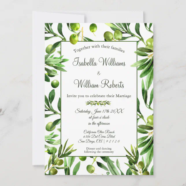 Elegant Olive Leaf Boho Garden Wedding Invitation | Zazzle