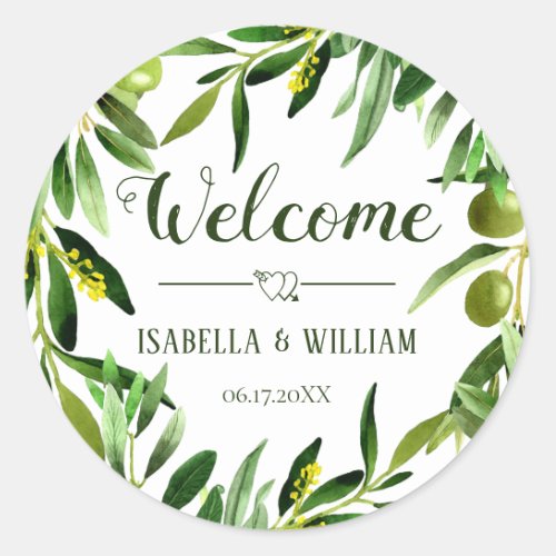 Elegant Olive Leaf Boho Garden Wedding Welcome Classic Round Sticker