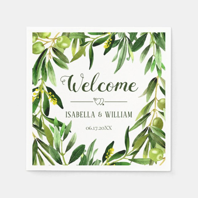 Elegant Olive Leaf Boho Garden Wedding Welcome Napkins (Front)