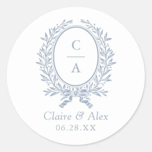 Elegant Olive Leaf Crest Blue Wedding Monogram Classic Round Sticker