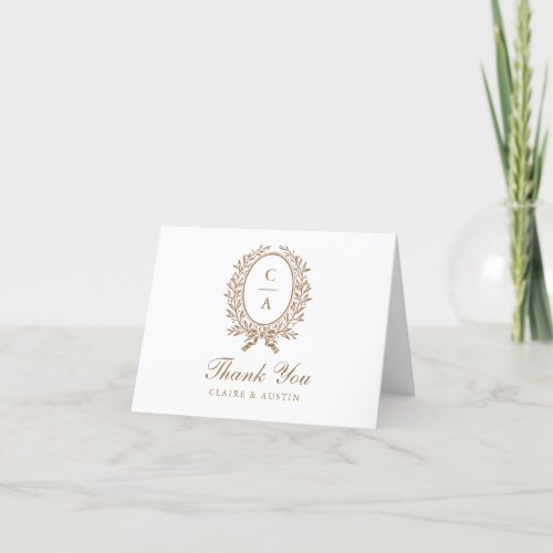 Elegant Olive Leaf Crest Gold Monogram Wedding  Thank You Card