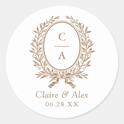 Elegant Olive Leaf Crest Gold Wedding Monogram Classic Round Sticker