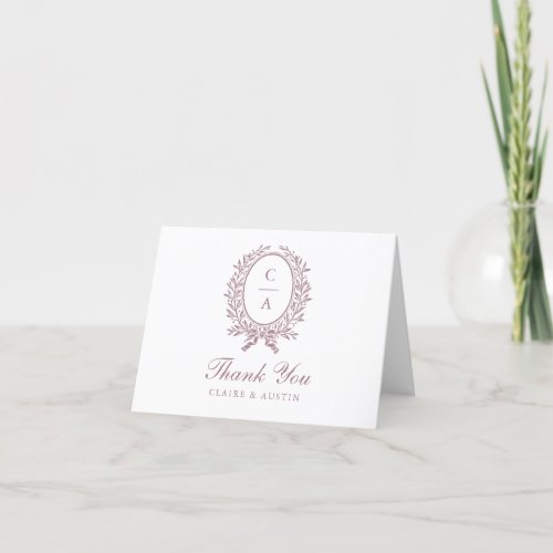 Elegant Olive Leaf Crest Mauve Monogram Wedding  Thank You Card