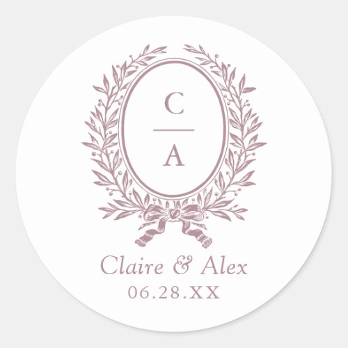 Elegant Olive Leaf Crest Mauve Wedding Monogram Classic Round Sticker