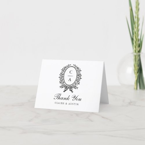Elegant Olive Leaf Crest Monogram Wedding  Thank You Card