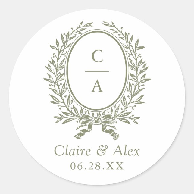 Elegant Olive Leaf Crest Sage Wedding Monogram Classic Round Sticker (Front)