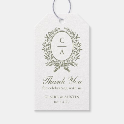 Elegant Olive Leaf Crest Sage Wedding Monogram  Gift Tags
