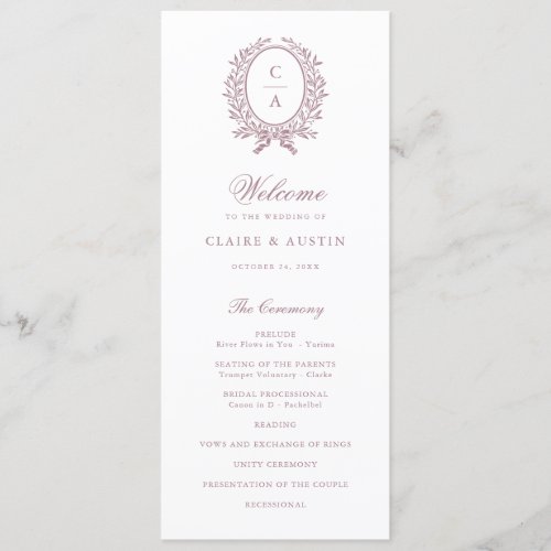 Elegant Olive Leaf Crest Vintage Mauve Wedding Program