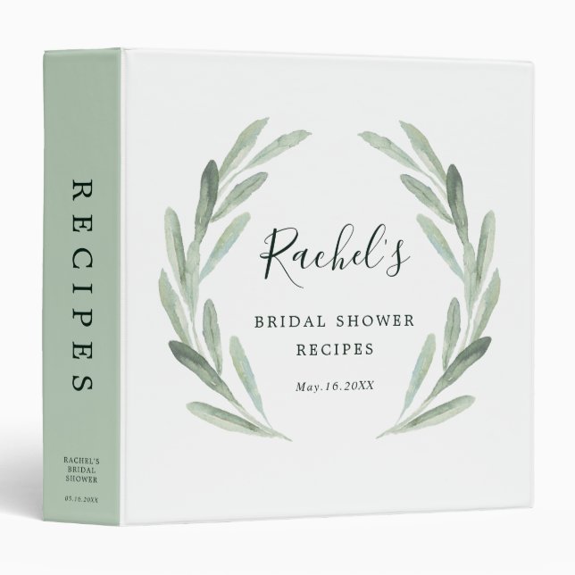 Elegant Olive Leaf Wreath Bridal Shower Recipes 3 Ring Binder (Front/Spine)