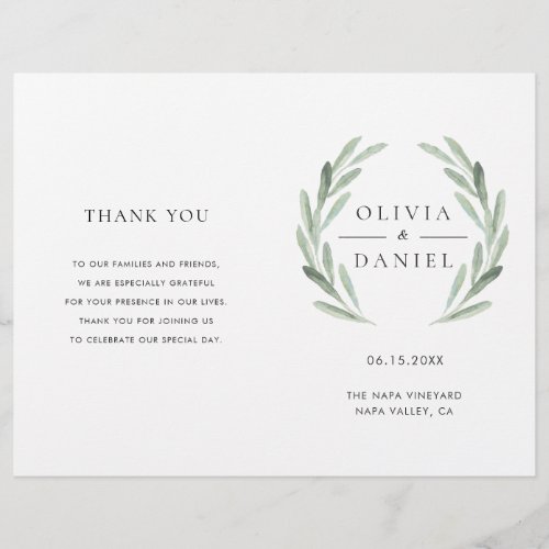 Elegant Olive Leaf Wreath Folded Wedding Program