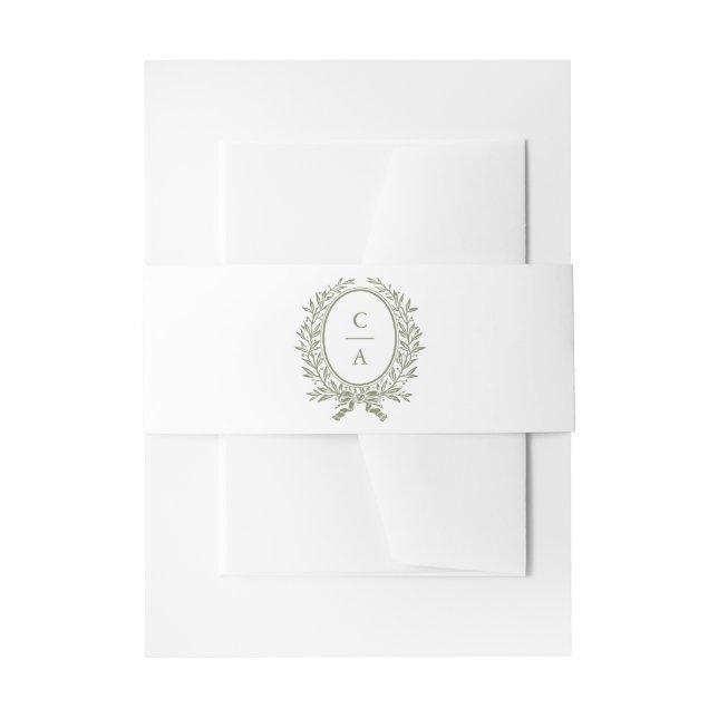 Elegant Olive Leaf Wreath Sage Wedding Monogram Invitation Belly Band (Front Example)