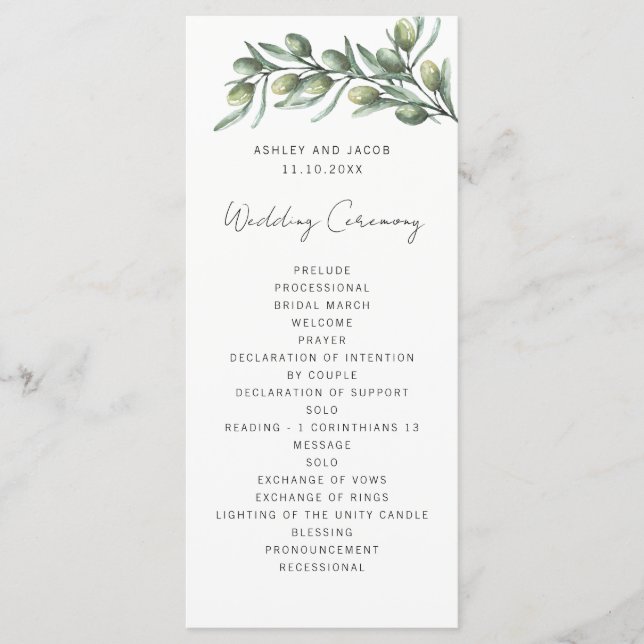 Elegant olive leaves. Garden italian wedding Program (Front)