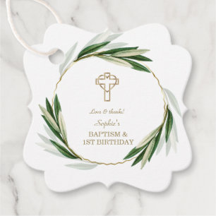 Elegant Olive Leaves Gold 1st Birthday & Baptism Favor Tags