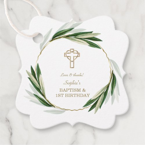 Elegant Olive Leaves Gold 1st Birthday  Baptism Favor Tags