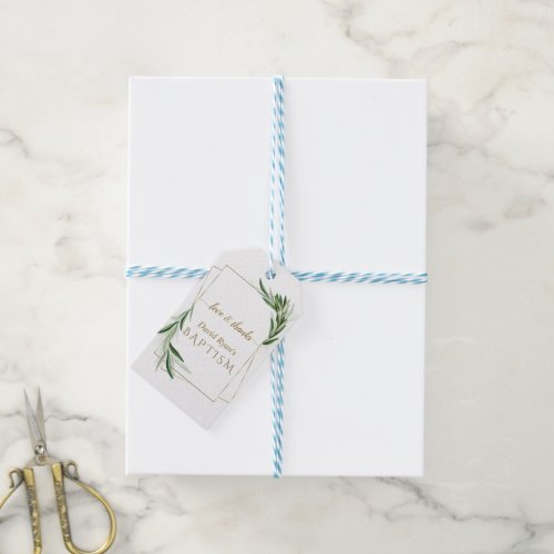 Elegant Olive Leaves Gold Boy Baptism    Gift Tags