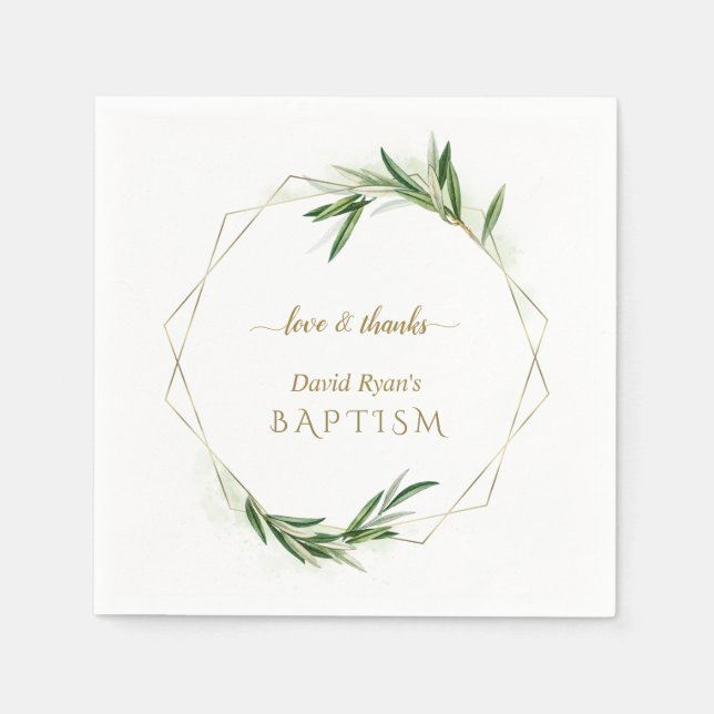 Elegant Olive Leaves Gold Boy Baptism    Napkins (Front)