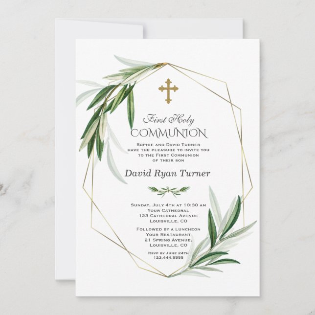 Elegant Olive Leaves Gold Boy First Holy Communion Invitation (Front)