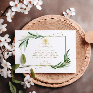 Elegant Olive Leaves Gold Boy First Holy Communion Thank You Card