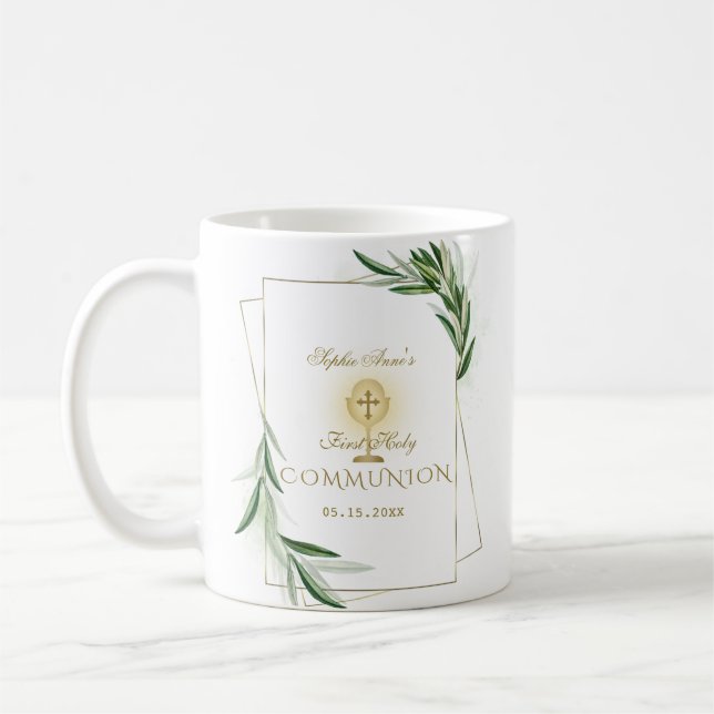 Elegant Olive Leaves Gold First Holy Communion Coffee Mug (Left)