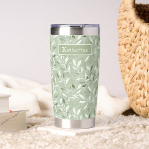 Elegant Olive Leaves Pattern Custom Name Insulated Tumbler