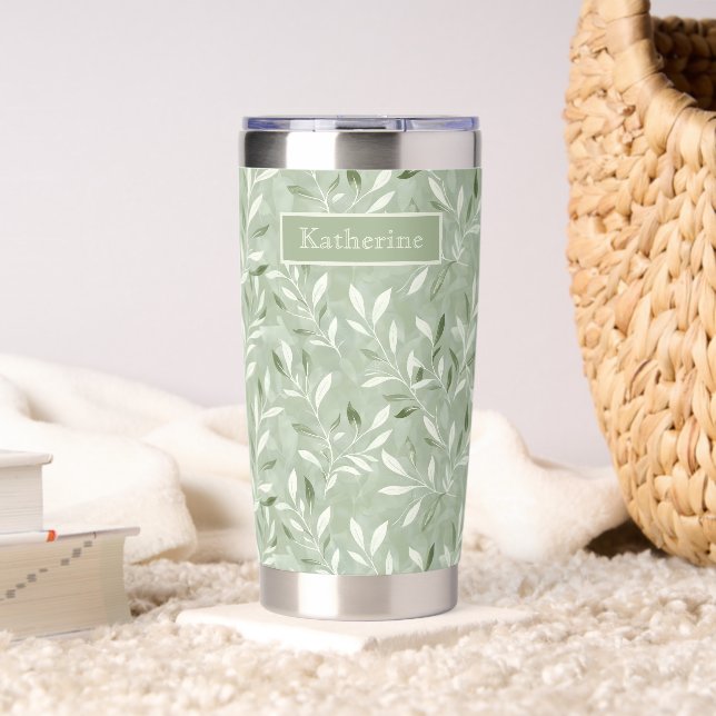 Elegant Olive Leaves Pattern Custom Name Insulated Tumbler (Living Room (Rotated))