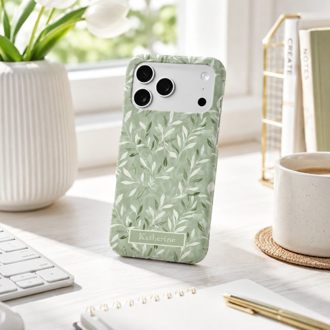 Elegant Olive Leaves Pattern Custom Name iPhone Case (Creator Uploaded)