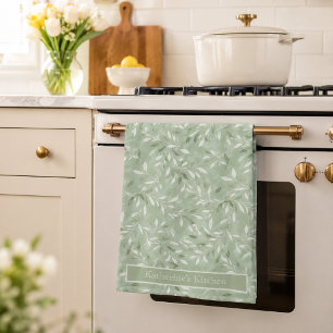 Elegant Olive Leaves Pattern Custom Name Kitchen Towel