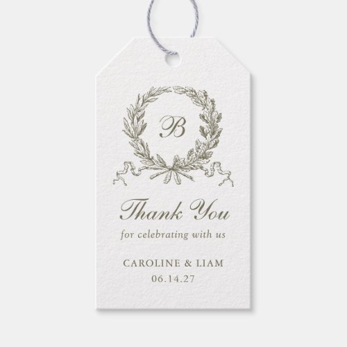 Elegant Olive Oak Crest Sage Wedding Monogram  Gift Tags