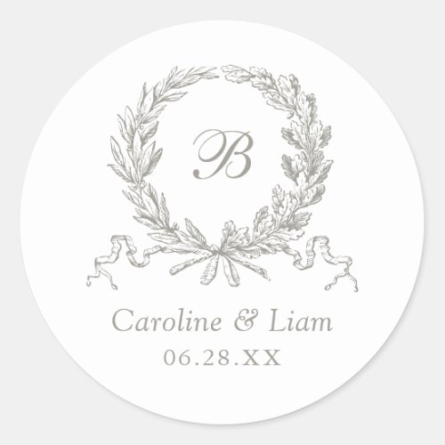 Elegant Olive Oak Wreath Gray Wedding Monogram Classic Round Sticker