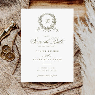 Elegant Olive Oak Wreath Monogram Save the Date Invitation