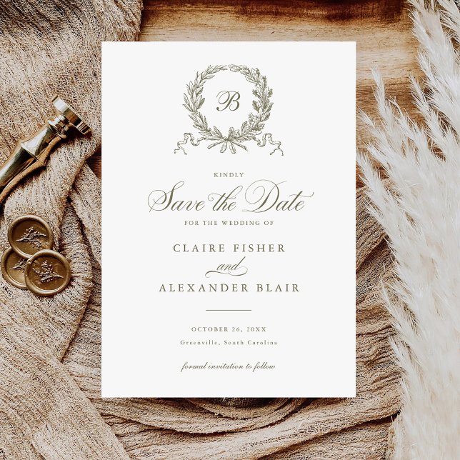 Elegant Olive Oak Wreath Monogram Save the Date Invitation (Creator Uploaded)